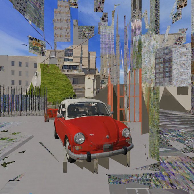 A red and white vintage Volkswagen Beetle parked on a city street, with a glitchy, distorted background of buildings and sky.