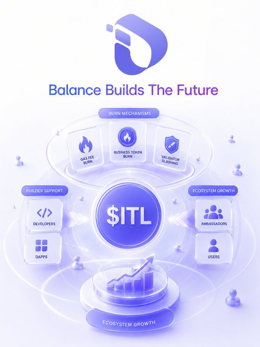 The image displays an infographic for the "$ITL" cryptocurrency, featuring the tagline "Balance Builds The Future" and a central diagram showing tokenomics mechanisms including "Burn Mechanisms" (Gas Fee Burn, Business Token Burn, Validator Slashing), "Builder Support" (Developers, Dapps), and "Ecosystem Growth" (Ambassadors, Users). The infographic visually reinforces the post's point about $ITL's fixed 10 billion supply and existing burn mechanisms tied to real network activity, supporting the argument that Linkers should prioritize ecosystem building rather than additional token burns.