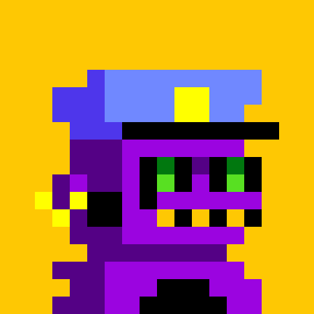 A pixel art image depicts a stylized purple character wearing a blue hat with green eyes against a bright yellow background.