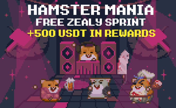 A pixel art promotional graphic for 'HAMSTER MAIHIA FREE ZEALY SPRINT' offering '+500 USDT IN REWARDS', featuring cartoon hamsters and a DJ setup against a purple background.