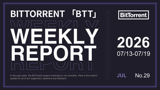 A dark-themed BitTorrent weekly report graphic for July 13-19, 2026 (Issue No. 29), highlighting the BTT (BitTorrent) ticker and project branding. The image visually frames the accompanying post's announcement of 582,609,822 client installations and a 6.42% APY for $BTT staking on BTTC, signaling positive ongoing momentum for the project.