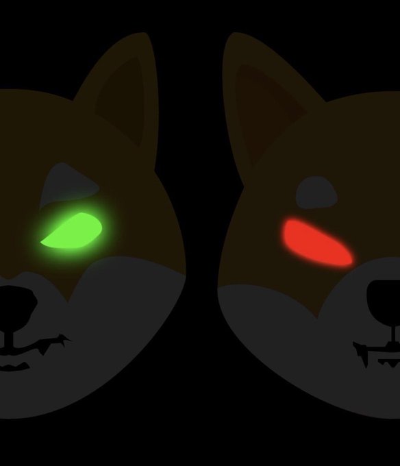 A stylized dark illustration of two wolf or fox heads facing each other, with one having a glowing green eye and the other a glowing red eye.
