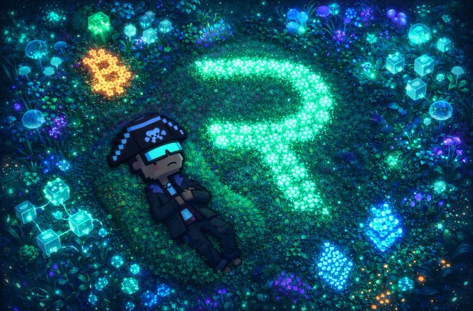 The image features a man wearing a pirate hat lying down in a field, surrounded by various objects such as a skull, a crystal ball, and a bunch of flowers. The pirate hat adds a whimsical touch to the scene. The background is filled with blue and purple colors, creating an atmosphere reminiscent of a fantasy world or a fairy tale setting. The image also contains text that reads "almost every protocol seems to try to match Ethereum", which suggests that the pirate in the image might be connected to the Ethereum blockchain or the Ethereum community.