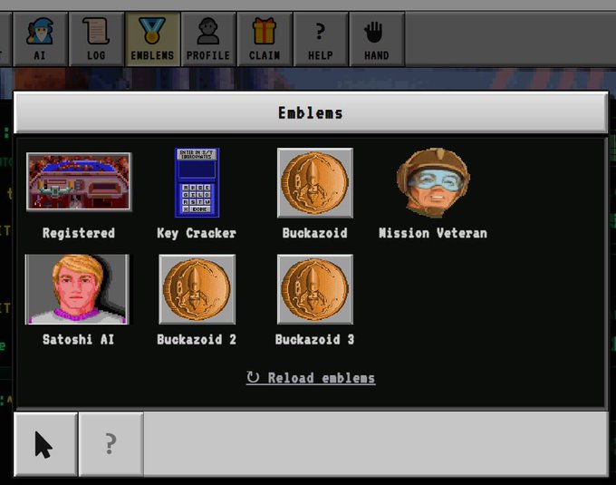 A screenshot of an 'Emblems' menu interface showing pixel-art icons including 'Registered', 'Key Cracker', 'Buckazoid', 'Mission Veteran', 'Satoshi AI', 'Buckazoid 2', and 'Buckazoid 3', with navigation tabs for AI, LOG, PROFILE, CLAIM, HELP, and HAND.