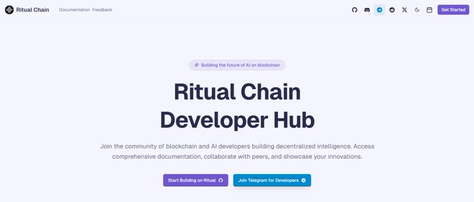 A webpage header for the "Ritual Chain Developer Hub" with the tagline "Building the future of AI on blockchain," inviting developers to join the community with buttons to start building or join their Telegram.