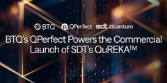 A stylized announcement graphic with the text "QBTQ Acquires QPerfect," "BTQ's QPerfect Powers the Commercial," and "Launch of SDT's QuREKA," set against a dark background with glowing orange and blue light streaks, illustrating BTQ's acquisition of QPerfect and its role in powering SDT's QuREKA quantum cloud platform in South Korea.