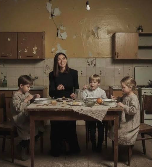 A photograph showing a woman seated at a worn kitchen table with three young children eating a meal in a dilapidated room with peeling walls.
