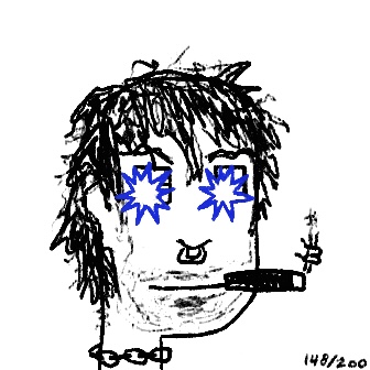 A sketch of a punk-styled character with messy black hair, spiked blue star-shaped glasses, a choker, and a cigarette dangling from their mouth, dated "1/13/2020" in the bottom right. The raw, edgy portrait visually embodies the "story of Hal" referenced in the caption, capturing a rebellious, introspective mood through its chaotic linework and punk aesthetic.