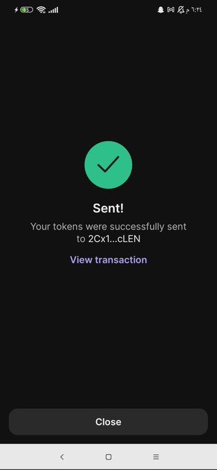 A mobile app confirmation screen with a green checkmark reading 'Sent! Your tokens were successfully sent to 2Cx1...cLEN' on a black background.