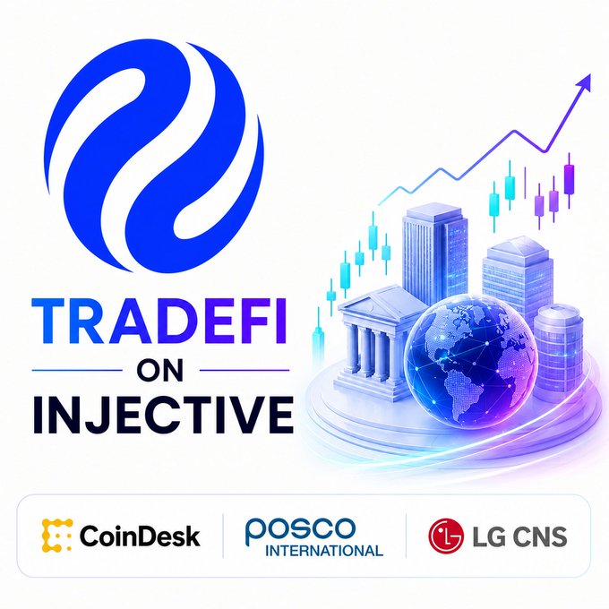 A promotional graphic for 'TRADEFI ON INJECTIVE' features the Injective logo alongside financial buildings, a globe, and logos for CoinDesk, Posco International, and LG CNS.