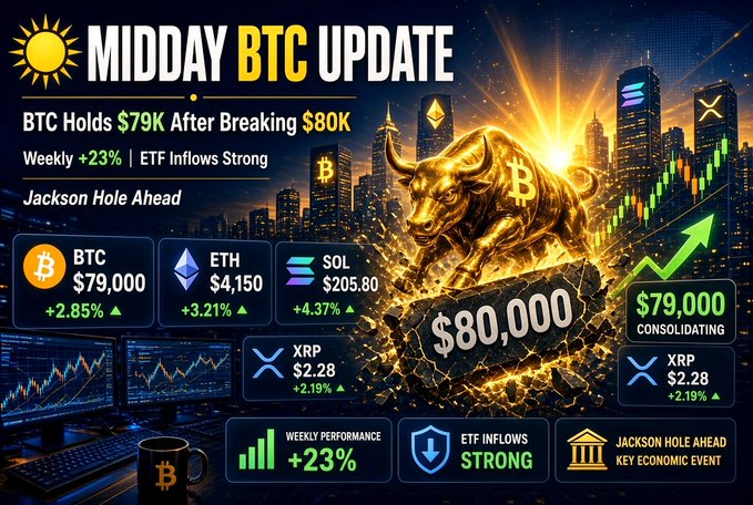 A 'MIDDAY BTC UPDATE' graphic showing Bitcoin at $79,000 with +2.85% gain, featuring a golden bull statue and crypto prices including ETH $4,150, SOL $205.80, and XRP $2.28.