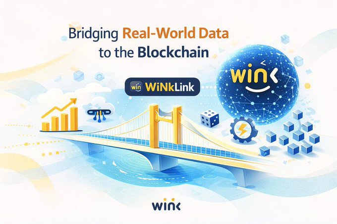 A promotional graphic for WINkLink featuring a bridge illustration connecting a globe and blockchain symbols, with the headline "Bridging Real-World Data to the Blockchain" and the WinLink logo prominently displayed alongside visual icons representing market charts, a drone, dice, and lightning—illustrating how the platform links off-chain data like prices, weather, and events to smart contracts.