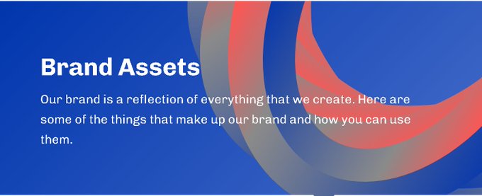 A blue and red banner with the heading 'Brand Assets' and a subtitle explaining that the brand reflects everything they create and outlines how to use them.