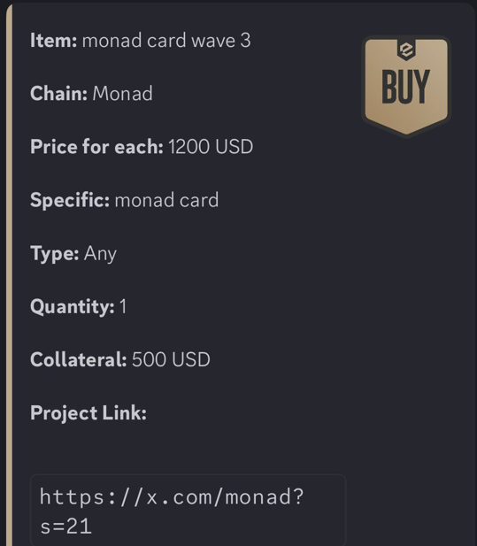 A screenshot of a "BUY" listing shows a "Monad card wave 3" priced at 1200 USD on the Monad chain with 500 USD collateral, linked to a Monad tweet (x.com/monad?s=21). This image appears to serve as evidence of the post's claim, suggesting a profitable sale of the Monad card based on the listed buy offer exceeding the initial investment.
