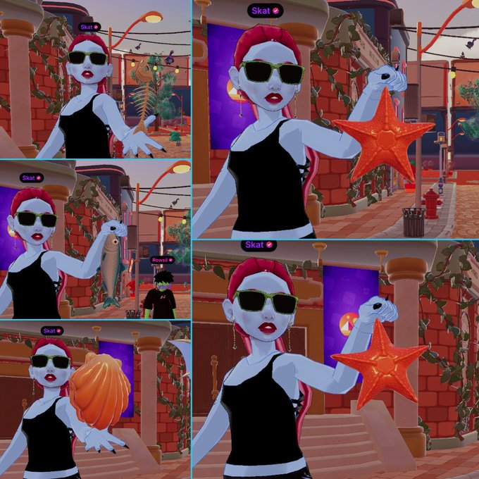 Four-panel collage of a 3D animated character labeled 'Skat' — a pale vampire-like figure with red hair, sunglasses, and a black top, holding a starfish in some panels and a fish or pumpkin in others.