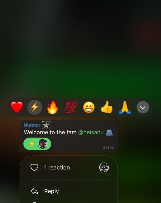 A screenshot of an iMessage conversation where user "Nurstar" welcomes "@heisanu" to the "fam" with a lightning bolt and skull emoji reaction, while a heart reaction is visible in the reply thread. The image captures the social/messaging context accompanying the announcement about joining Aeon Framework as an engineer.