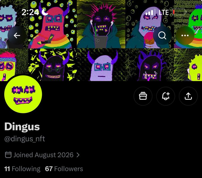 A screenshot of the @dingus_nft Twitter profile displays a vibrant grid of colorful monster character artwork and shows an account joined in August 2026 with 11 Following and 67 Followers, directly corresponding to the post's mention of the early NFT project and its 67 follower count.