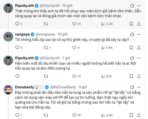 The image shows a Twitter/X thread with comments in Vietnamese, featuring users like @flipcitynft, @vangoyaa, and @0xDrewBeefy discussing drama related to a "Cole" who allegedly deceived buyers of an NFT project, with one user threatening to preserve evidence of the supposed scam and vowing not to delete their post. The thread relates to the accompanying post about Cole, creator of Pudgy Penguins, who profited massively from the project (reaching floor prices of 36+ ETH) before selling it to Luca Netz for $2.5M and now appears to be preparing a new NFT launch amid community backlash.
