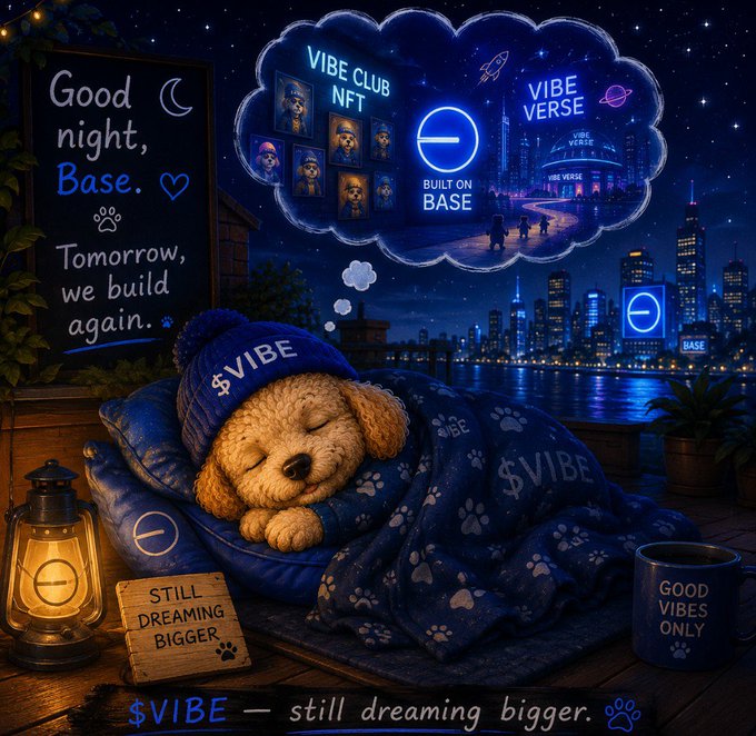 A digital artwork of a teddy bear sleeping in a blue blanket with '$VIBE' text, dreaming of 'VIBE CLUB NFT' and 'VIBE VERSE', with text reading 'Good night, Base. Tomorrow, we build again' and '$VIBE — still dreaming bigger.'