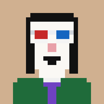 Pixel art portrait of a bearded man wearing red and blue 3D glasses and a green suit with a purple tie.