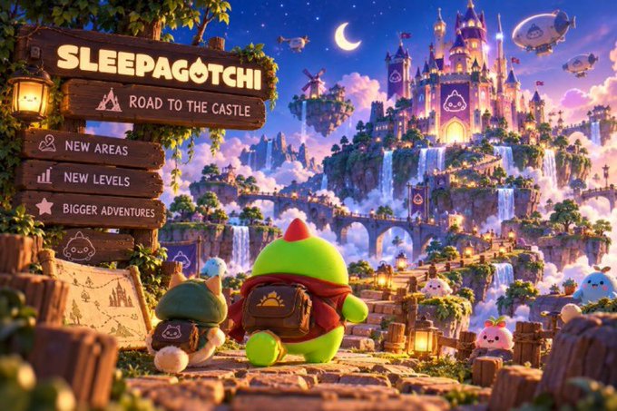 Promotional artwork for the game "SLEEPAGOTCHI: Road to the Castle," featuring menu options for "New Areas," "New Levels," and "Bigger Adventures," with cute round characters looking toward a grand castle in a fantasy landscape.