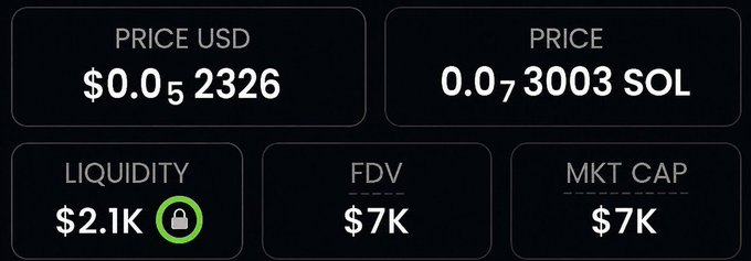 A cryptocurrency dashboard displays a token priced at $0.0₅2326 USD (0.0₇3003 SOL) with $2.1K locked liquidity and a $7K market cap and fully diluted valuation (FDV), illustrating the low-cap memecoin the poster is promoting to their followers.
