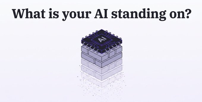 An illustration of a blue AI microchip stacked on a pillar of stone blocks with the text 'What is your AI standing on?' above it.
