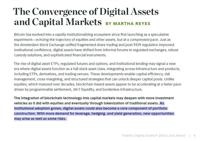 The image shows a white background with black text that reads "THE CONVERGENCE OF DIGITAL ASSETS AND CAPITAL MARKETS" at the top, followed by a list of digital assets such as Bitcoin, Ethereum, Ripple, and others. The text also mentions that these digital assets could become a core component of a portfolio's future. This suggests that investors might consider including these digital assets in their investment strategies to potentially benefit from their growth and adoption within the financial markets.