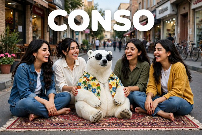 A group of four laughing young women sit on a Persian rug on a street around a white polar bear wearing sunglasses and a floral shirt, with the word 'CONSO' overlaid in large white letters.