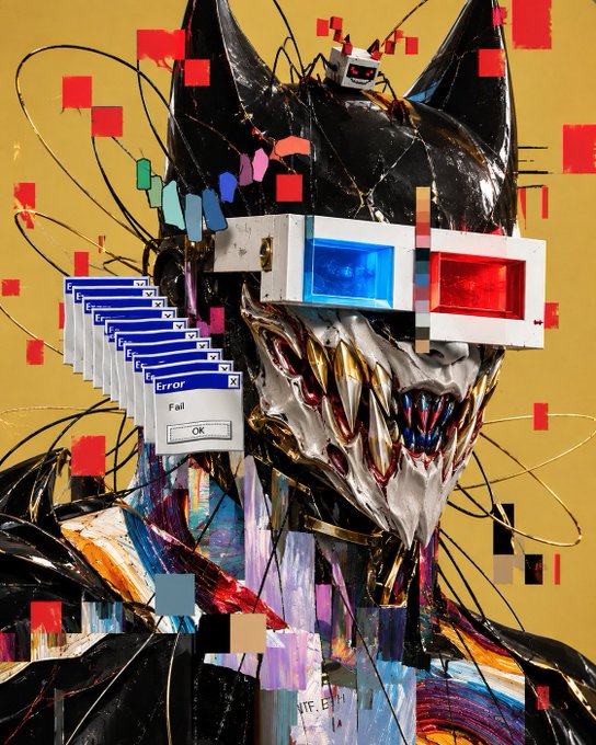 A vibrant digital artwork featuring a grotesque, fanged creature wearing red and blue 3D glasses, set against a yellow background with glitchy red rectangles and cascading "Error / Fail / OK" system dialog boxes.