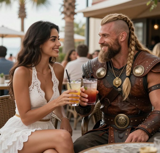 A smiling woman in a white dress and a bearded man in Viking-style leather armor toasting with drinks at an outdoor cafe.