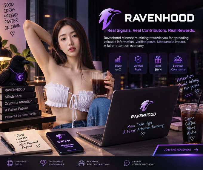 A promotional advertisement for 'RAVENHOOD' featuring a woman holding coffee, with text promoting 'Mindshare Mining,' 'Real Signals. Real Contributors. Real Rewards,' and '$RVH' tokens.