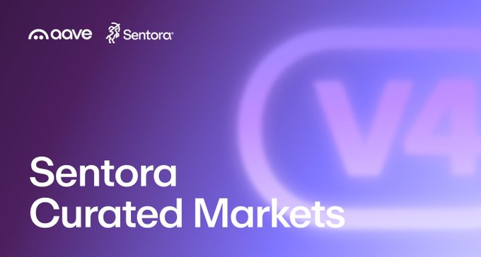A purple-to-blue title card displays the logos “aave” and “Sentora” with the text “Sentora Curated Markets” and a blurred “V4” graphic.