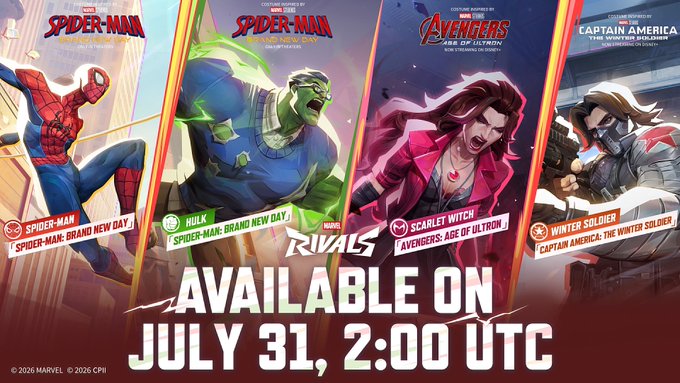 A promotional banner for MARVEL RIVALS featuring Spider-Man, Hulk, Scarlet Witch, and Winter Soldier, announcing new costume bundles releasing on July 31 at 2:00 UTC, which explains the "cooked wallet" sentiment given four paid character skins dropping simultaneously.