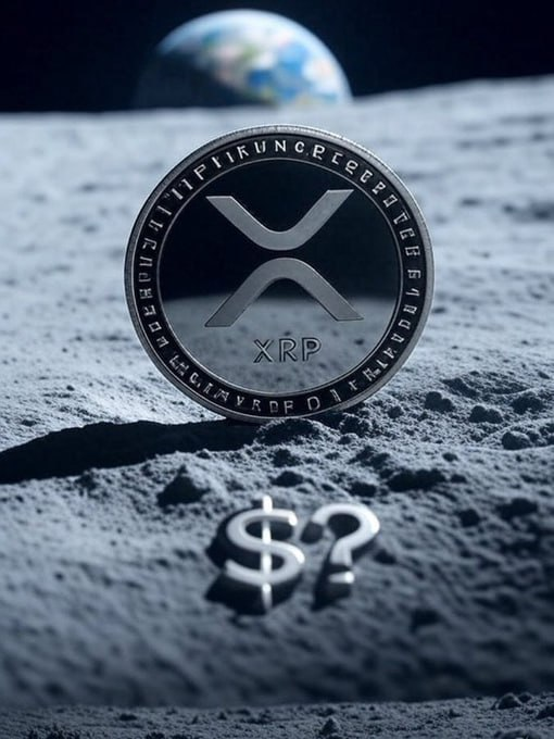 A silver XRP cryptocurrency coin with its logo and 'XRP' text standing upright on the lunar surface, with Earth visible in the background and a '$?' symbol on the moon's surface.