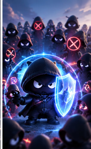 A stylized 3D illustration of a cute chibi-style hooded warrior holding a glowing blue shield, surrounded by an army of similar dark hooded figures with glowing red X eyes.