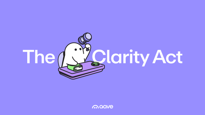 A purple graphic with white text reading 'The Clarity Act' featuring a cartoon ghost-like character in a wheelchair holding a gavel and examining books.