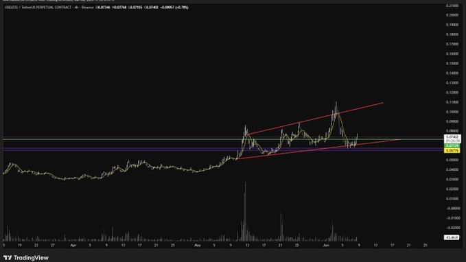 The image shows a trading chart for $USELESS on a computer screen. The red line on the graph indicates an upward trend, suggesting that the stock may have experienced some gains recently. It seems like a day of good luck or positive news in the market, as it could have been a very strong session at $9.81 in the morning. However, based on this chart alone, we cannot determine whether this is indeed a strong day for $USELESS or simply the result of past performance data. It would require more information and context to make an accurate conclusion about the stock's current worth.