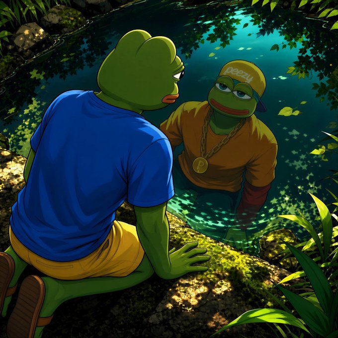 An illustration of a green frog in a blue shirt sitting by a pond, gazing at its reflection, which wears a yellow shirt, a 'peezy' cap, and a gold 'P' chain necklace.
