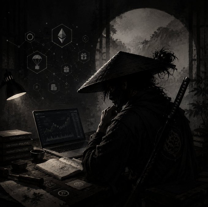 A dark, atmospheric digital illustration of a samurai in a conical hat analyzing cryptocurrency charts on a laptop, with a book labeled 'TOKENOMICS ON-CHAIN ANALYSIS MARKET STRUCTURE DECENTRALIZED FUTURES' and floating Ethereum symbols.