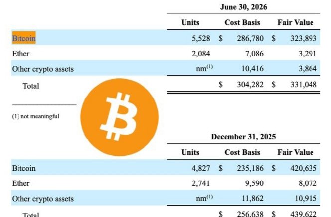 A financial table displays Gemini's crypto holdings as of June 30, 2026 and December 31, 2025, showing Bitcoin holdings increased from 4,827 units (cost basis $235,186, fair value $420,635) to 5,528 units (cost basis $286,780, fair value $323,893), corroborating the post's claim of 1,689 additional BTC added to their treasury, alongside Ether and other crypto assets.