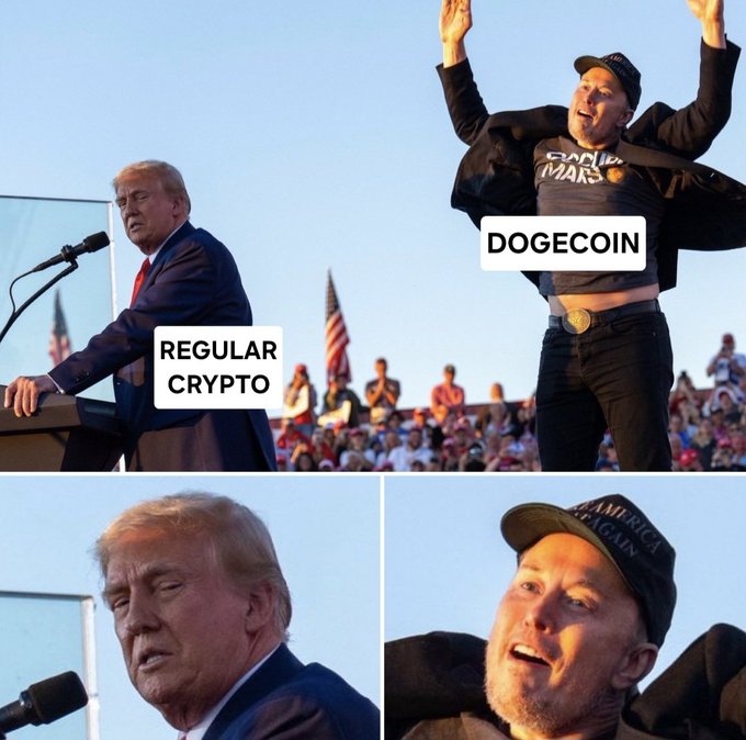 A meme comparing Trump labeled "Regular Crypto" looking serious to Elon Musk labeled "Dogecoin" jumping excitedly in a "Crazy Mars" shirt.