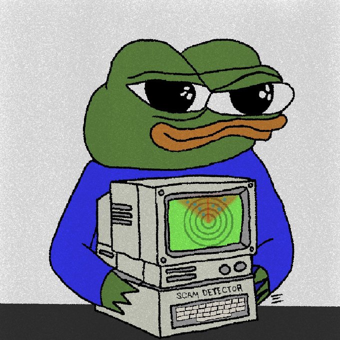A digital drawing of the 'sad frog' Pepe character wearing a blue hoodie, sitting behind a vintage computer labeled 'SCAM DETECTOR' that displays a radar on its green screen.