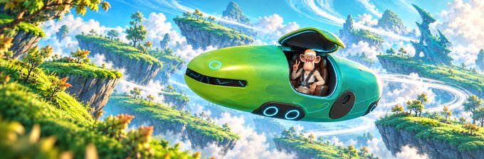 A colorful digital artwork of a cartoon monkey wearing goggles piloting a green futuristic flying vehicle through a bright sky filled with floating green islands.
