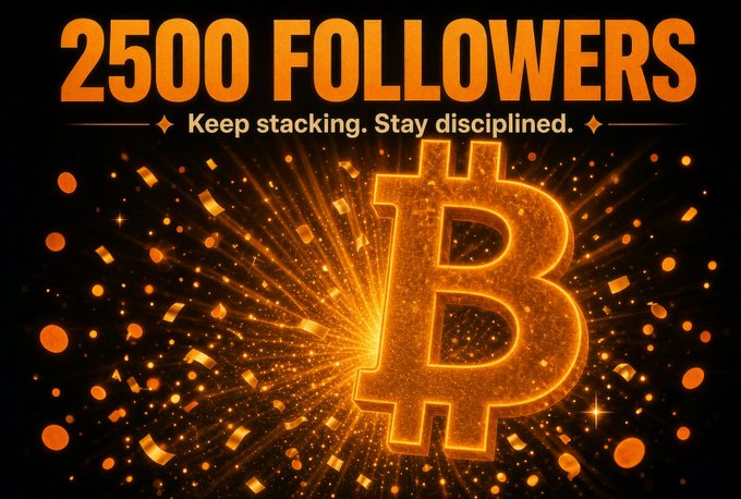 A celebratory graphic featuring a glowing orange Bitcoin symbol with the text '25000 FOLLOWERS - Keep stacking. Stay disciplined.'