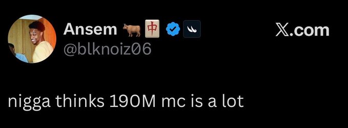 The image shows a tweet from "Ansem" (@blknoiz06) stating "nigga thinks 190M mc is a lot," which relates to the accompanying post's message to "raise your targets. $ANSEM."