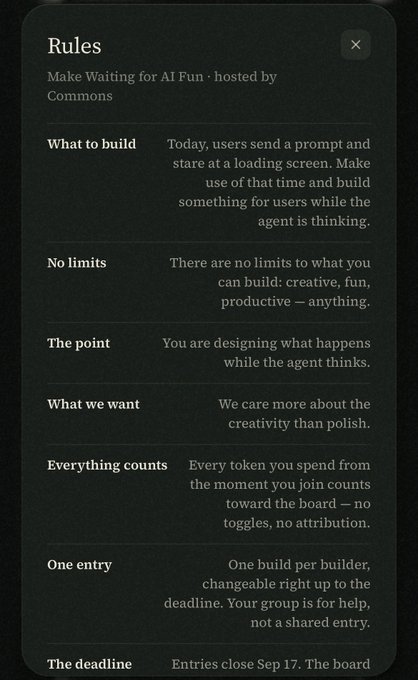 A modal titled "Rules" displays the terms of the "Make Waiting for AI Fun" hackathon hosted by Commons, outlining guidelines such as "No limits" to creativity and a deadline of September 17, matching the post's mention of the upcoming hackathon entries close date.