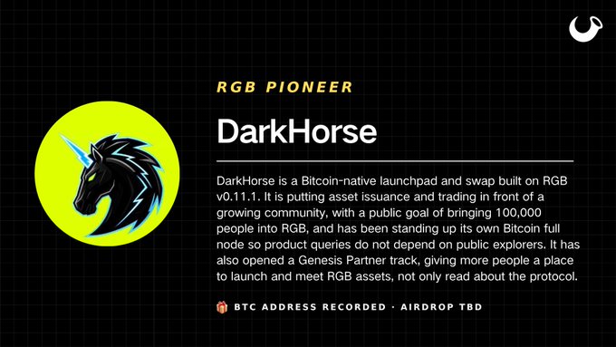 A promotional graphic for 'DarkHorse,' described as an 'RGB PIONEER' and a Bitcoin-native launchpad built on RGB v0.11.1, featuring a yellow logo with a black unicorn.