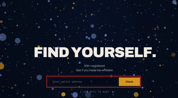 The image displays a "FIND YOURSELF" mint status checker page with a starry dark blue background, allowing users to enter their wallet address to verify whitelist status among 50K+ registered users and view 2,220 NFTs to mint. It serves as the visual for AKA (akadotfun), a DN404 project, enabling whitelist participants to confirm if they've secured a GTD or WL spot in the newly released Batch 3.