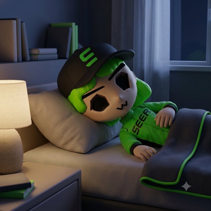 A cute 3D-rendered character with green hair and a black cap is shown sleeping in bed under a blanket, with the text "SEER" visible on their hoodie. The sleepy, nighttime vibe complements the "gn" (good night) message in the post, which is announcing a .25 SOL giveaway to 4 winners.
